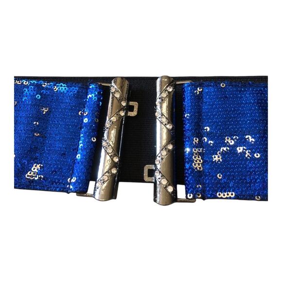 Oker NIP Women’s Blue Silver Sequin Elastic Waistband Rhinestones Buckle Belt - Picture 14 of 16